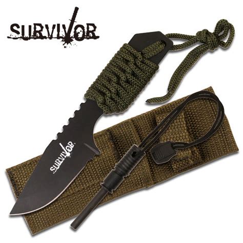 Survivor Green Paracord Wrapped Knife W Fire Starter Powa Beam