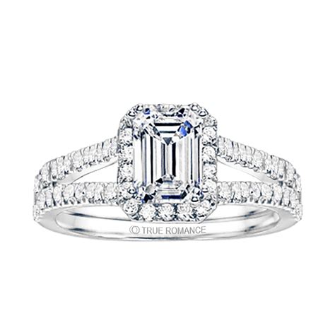 Emerald Cut Split Shank Halo Diamond Engagement Ring Rm1167