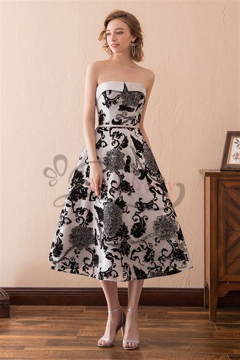 Strapless Mid Calf Appliques Black And White Party Dress Black And White Party Dresses