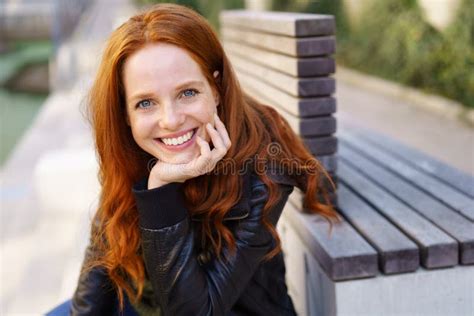 Attractive Smiling Redhead Woman Sitting Outdoors Stock Image Image Of Outdoor Fresh 105248299