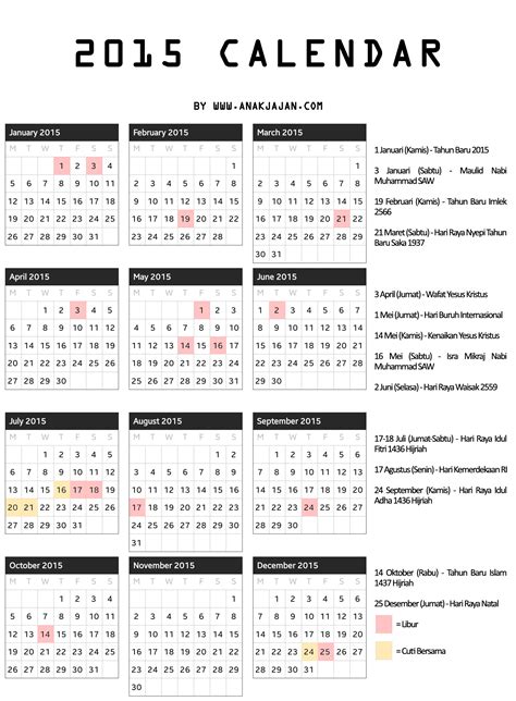 Kalender 2015 Indonesia Lengkap Dengan Hari Libur Nas