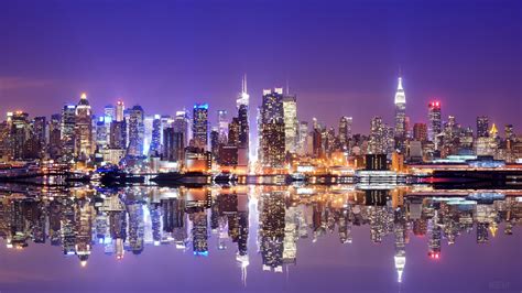 Building City New York Night Reflection Skyscraper Usa 4k Hd