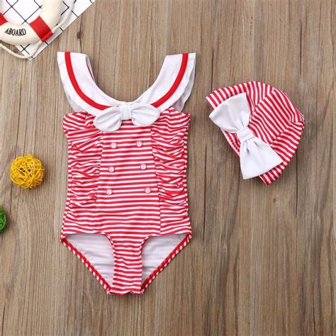 Retro Red Striped Sailor Swimsuit With Matching Cap Baby Girl