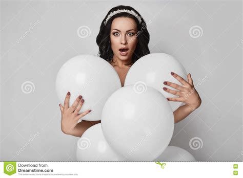 Beautiful Fashion Naked Model Girl With White Balloons Stock Image