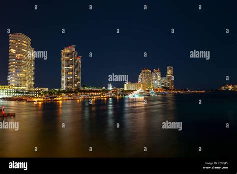 Miami City Skyline Florida Skyscrapers At The Night Usa Stock Photo