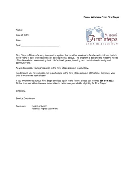 Missouri Parent Withdraw From First Steps Letter Fill Out Sign
