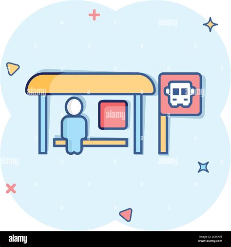 Bus Station Icon In Comic Style Auto Stop Cartoon Vector Illustration