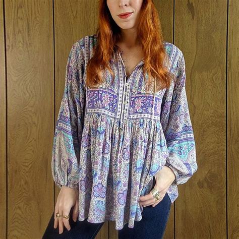Purple Boho Blouse Women Chic Lilac Floral Print Summer Sexy V Neck Long Sleeve Top Hippie Gypsy