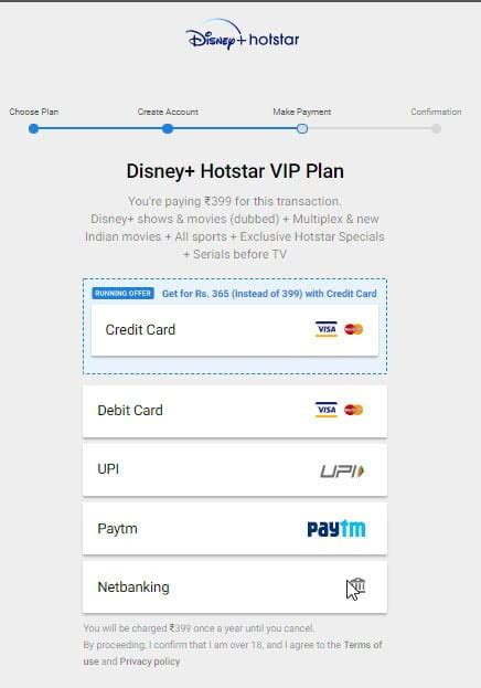 Users can make online payments at hotstar using leading banks' credit cards, debit cards, or netbanking. Disney+ Hotstar VIP subscription available at Rs 365 for credit card users | OnlyTech