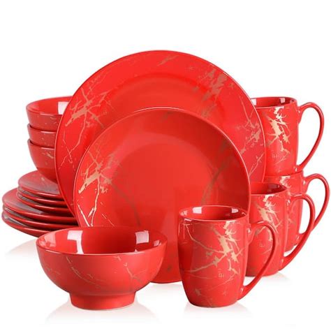 Lovecasa Sweet 16 Piece Red Porcelain Splash Of Gold Dinnerware Set Service For 4 Lc Gds 12 Of