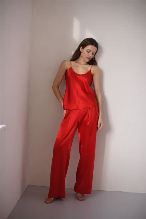100 Silk Pants In Red Silk Satin Trousers High Waisted Silk Etsy