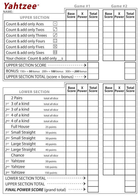 Yahtzee Printable Score Sheets