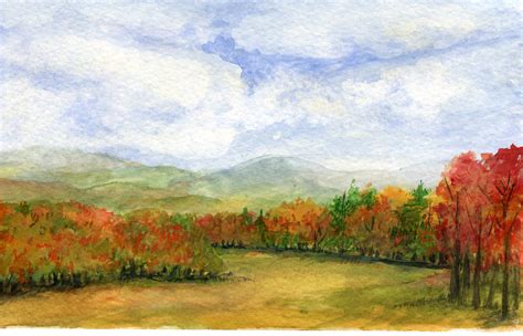 Autumn Day Original Watercolor Vermont Landscape Painting Miniature Art