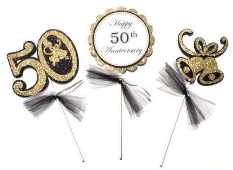 Black And Gold Glitter 50th Anniversary Themed Centerpiece Stick Set Of