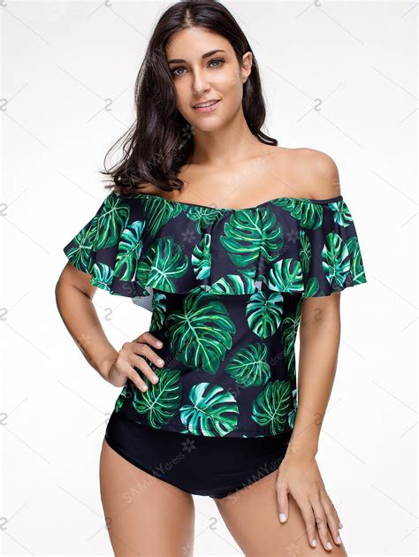 Off Shoulder Flounce Leaves Print Swimsuit Deep Green Xl Leaf Print