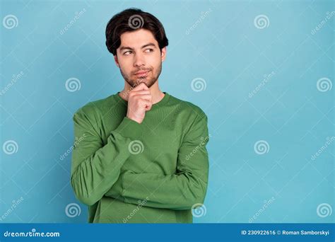 Photo Of Young Thoughtful Minded Smiling Guy Thinking Look Copyspace