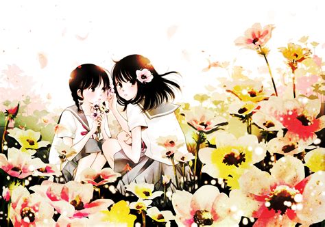 2girls Black Eyes Black Hair Bow Braids Flowers Long Hair Original