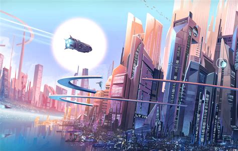 Обои Future City Fantasy Digital Art Buildings Spaceships Artwork