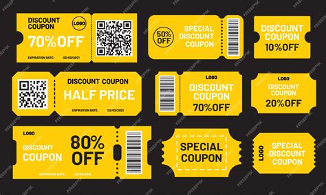 Premium Vector Yellow Discount Coupon Set Half Price 10 20 50 70