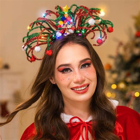 Campsis Led Christmas Headband Light Up Christmas Tree Santa Headpiece Sparkly