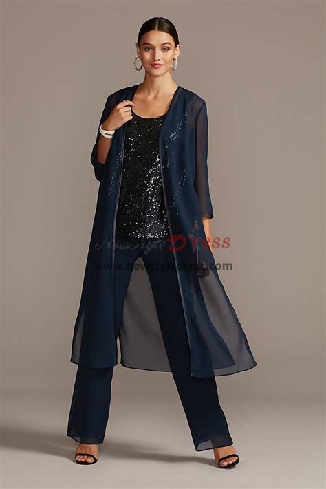 Dark Navy Chiffon Sequins Top Pant Suits For Mother Of The Bride With