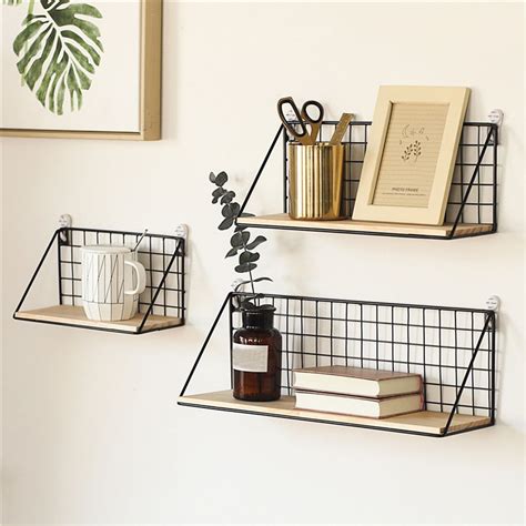 1set Wooden Shelf Iron Wall Mounted Storage Rack Device For Living Room
