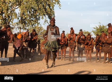 a chief of an indigenous himba people tribe is dancing in the circle of women of their own tribe