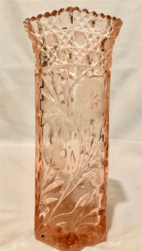 Blush Pink Depression Cut Glass Vase With Floral Tic Tac Toe Pattern And Ruffle Edging
