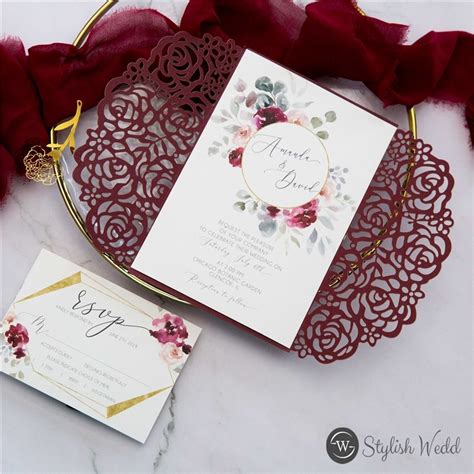 My wedding colour scheme was burgundy/maroon, dusty blush pink, ivory, gold, and deep purple. romantic shades of burgundy floral laser cut wedding ...