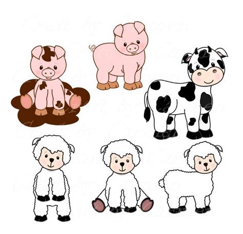 Four Farm Animals And One Cow Are Shown In Different Colors Including