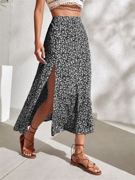 Ditsy Floral Split Thigh Skirt Casual Skirt Outfits Long Skirt