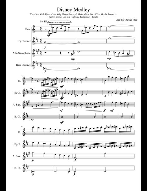 Disney Medley For A Woodwind Quartet Sheet Music For Flute Clarinet