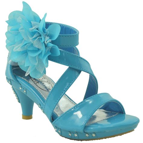 Kids Dress Sandals Rhinestone Bow Accent Strappy Flower High Heel Blue