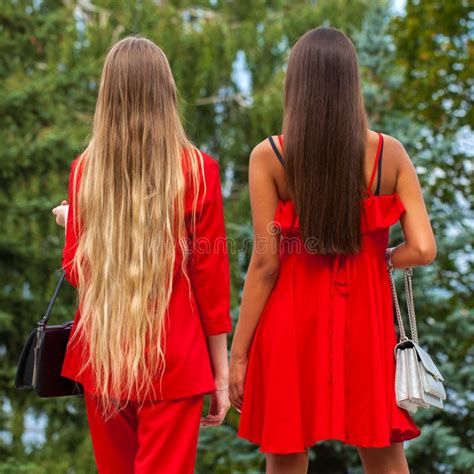 Back View Two Young Blonde And Brunette Girls Stock Image Image Of