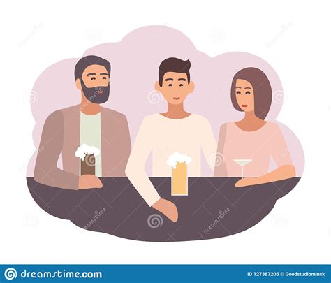 Smiling Man Sitting At Bar Counter With Friends And Drinking Beer And