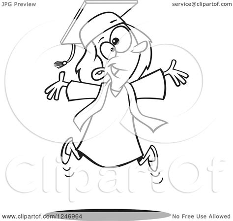 Clipart Of A Black And White Happy Graduate Girl Jumping Royalty Free