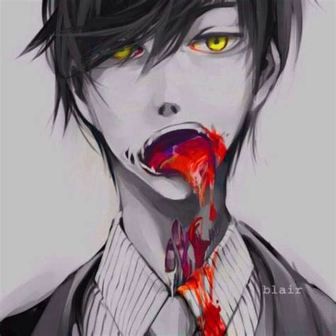 Anime Boy Art Black And White Blood Bloody Paint Red Vampire Dark