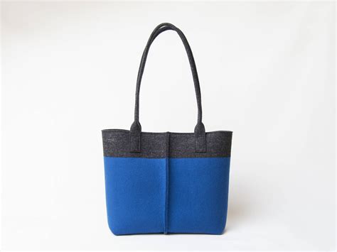 Wool Felt Tote Bag Charcoal And Blue Made In Italy