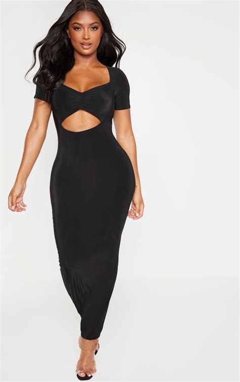 Shape Black Slinky Ruched Bust Cut Out Midi Dress Prettylittlething
