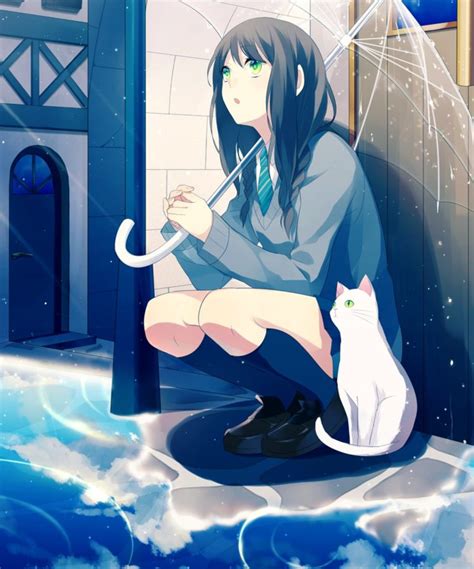Original Rain Anime Girl Cat Umbrella School