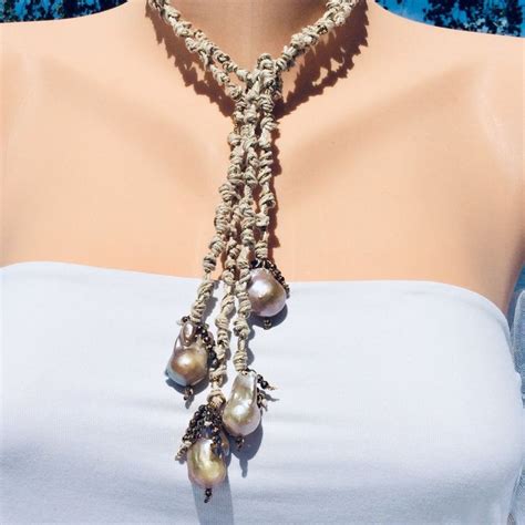 Lavender Baroque Pearls Hemp Lariat Necklace Loulia Pearl Jewelry Pearl Lariat Necklace