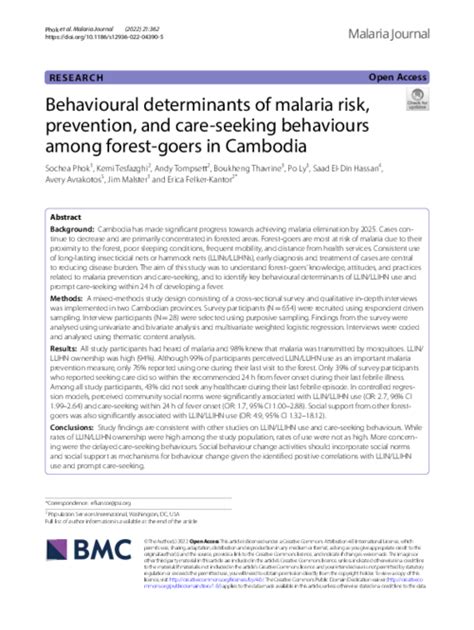 Behavioural Determinants Of Malaria Risk Prevention And Care Seeking Behaviours Among Forest