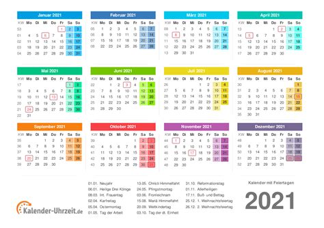 Kalender 2021 Mit Feiertagen