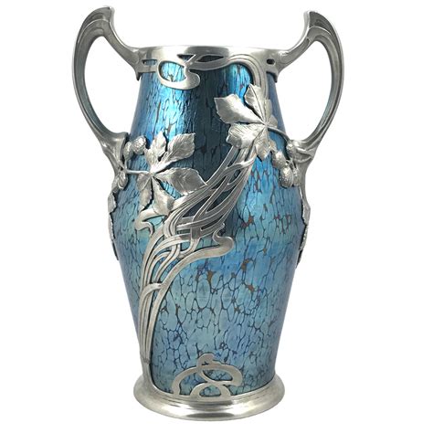 Art Nouveau Iridescent Blue Papillon Loetz Glass Vase In Pewter Mount