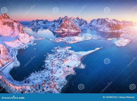 Aerial View Of Reine At Sunrise In Winter In Norway Top View Stock