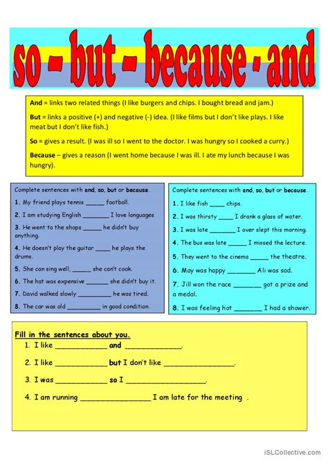 Conjunctions So But Because And English Esl Worksheets Pdf And Doc