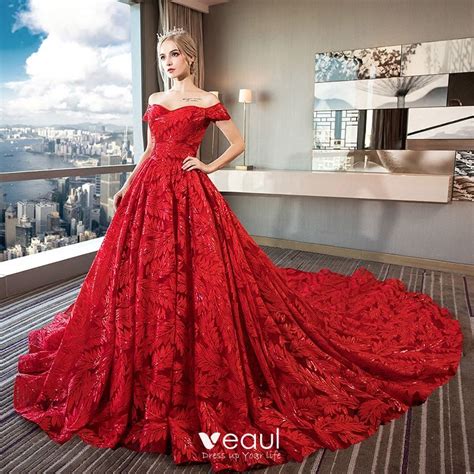 Luxury Gorgeous Red Lace Wedding Dresses 2018 Ball Gown Off The