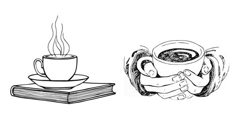 Hand Drawn Sketch Of Hands Holding A Cup Of Coffee Or Tea And Book