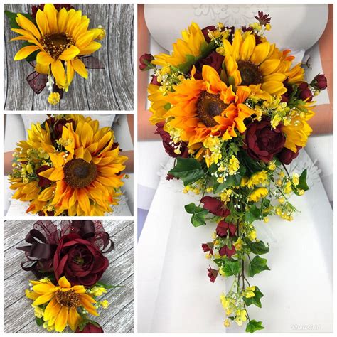 Autumn wedding bouquet, wedding bouquet, soft fall bridal bouquet , romantic wedding bouquet. Artificial Burgundy Sunflower Bridal Bouquets Burgundy and ...