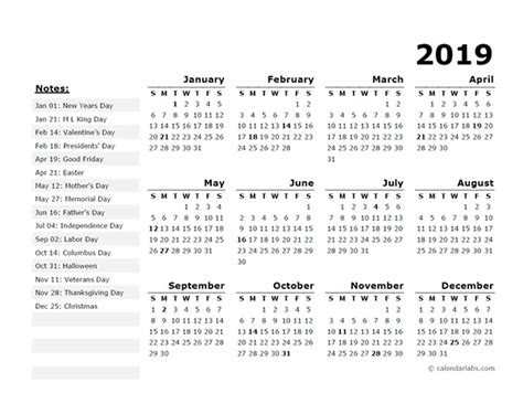 2019 Year Calendar Template With Us Holidays Free Printable Templates